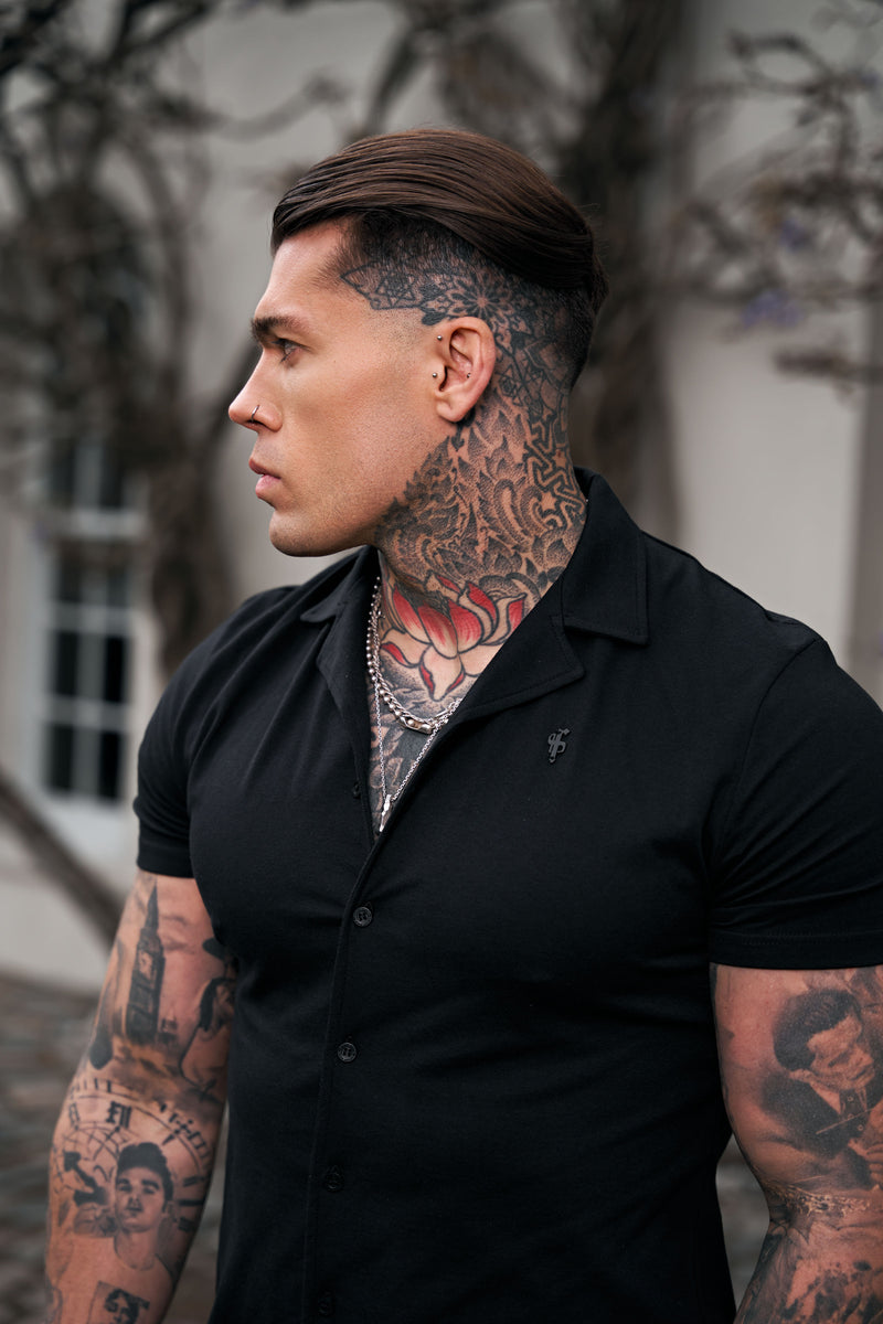 Father Sons Stretch Black Pique Revere Shirt Short Sleeve - FSH1067 (PRE ORDER 30TH MAY)