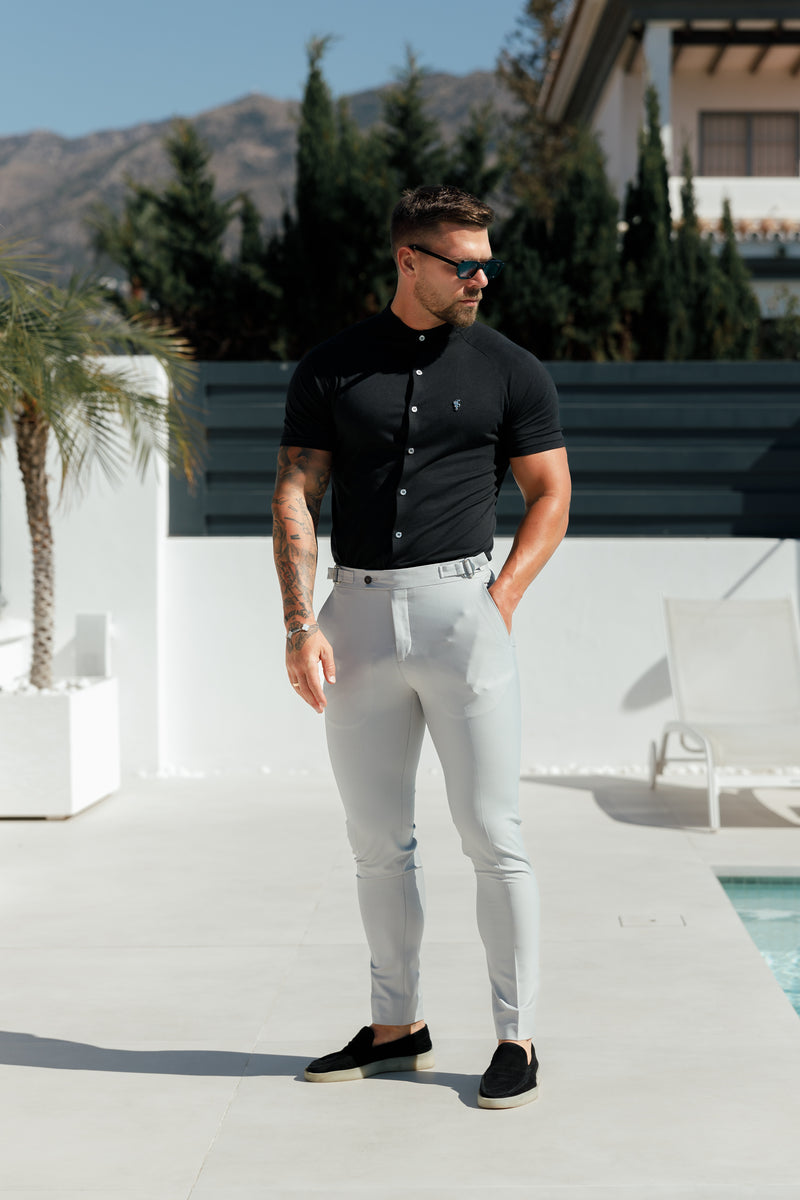 FS Slim Bamboo Raglan Grandad Collar Black Short Sleeve - FSH1165