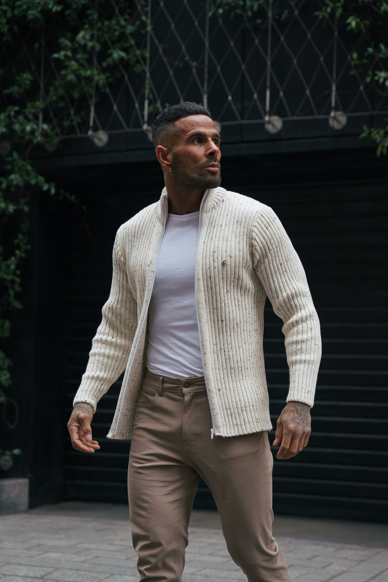 Father Sons Chunky Beige Flecks Ribbed Zipped Cardigan - FSJ070 (PRE ORDER 28TH FEBRUARY)