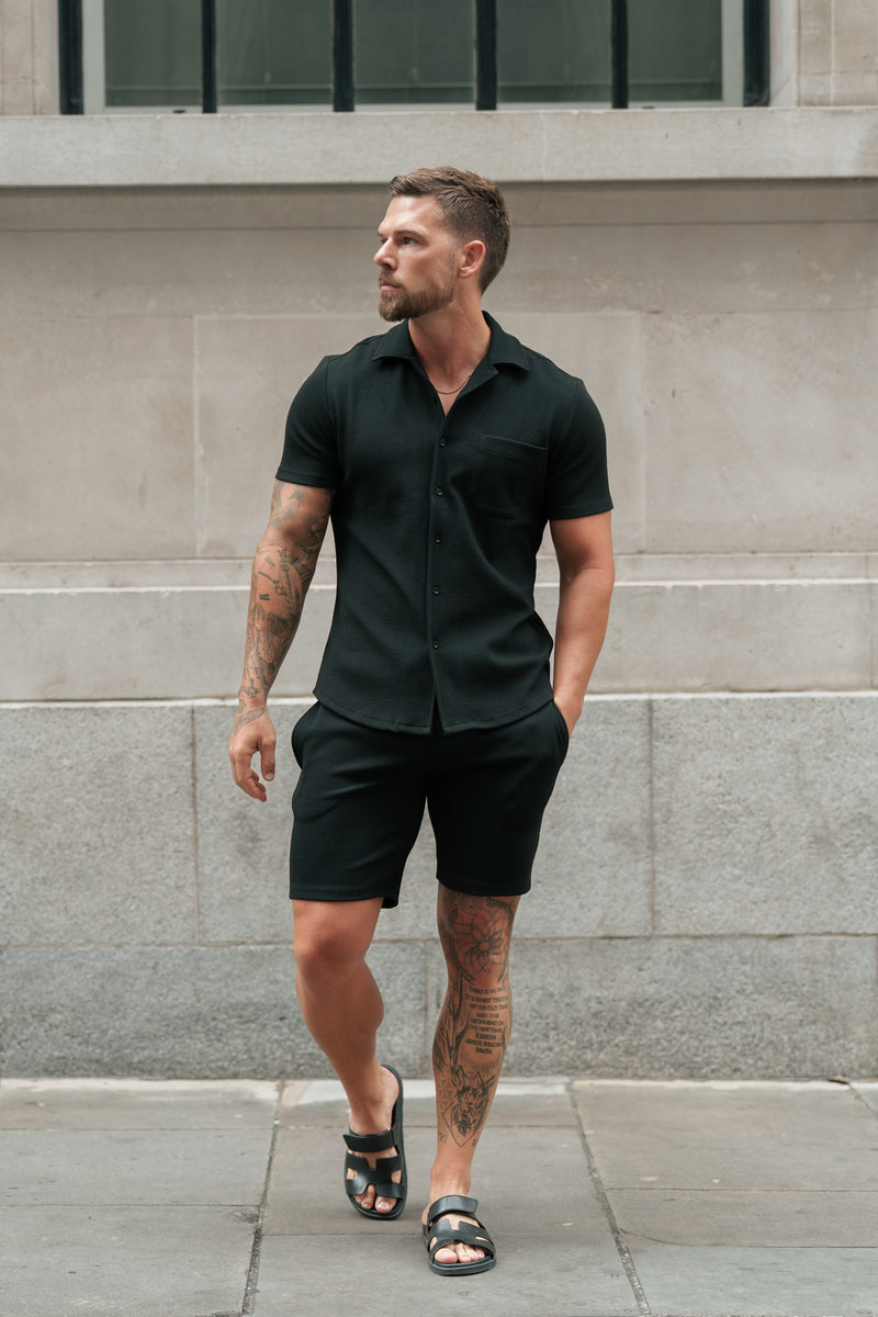 Father Sons Jersey Cord Stretch Black Revere Shirt Short Sleeve - FSR018 (PRE ORDER 11TH AUGUST)