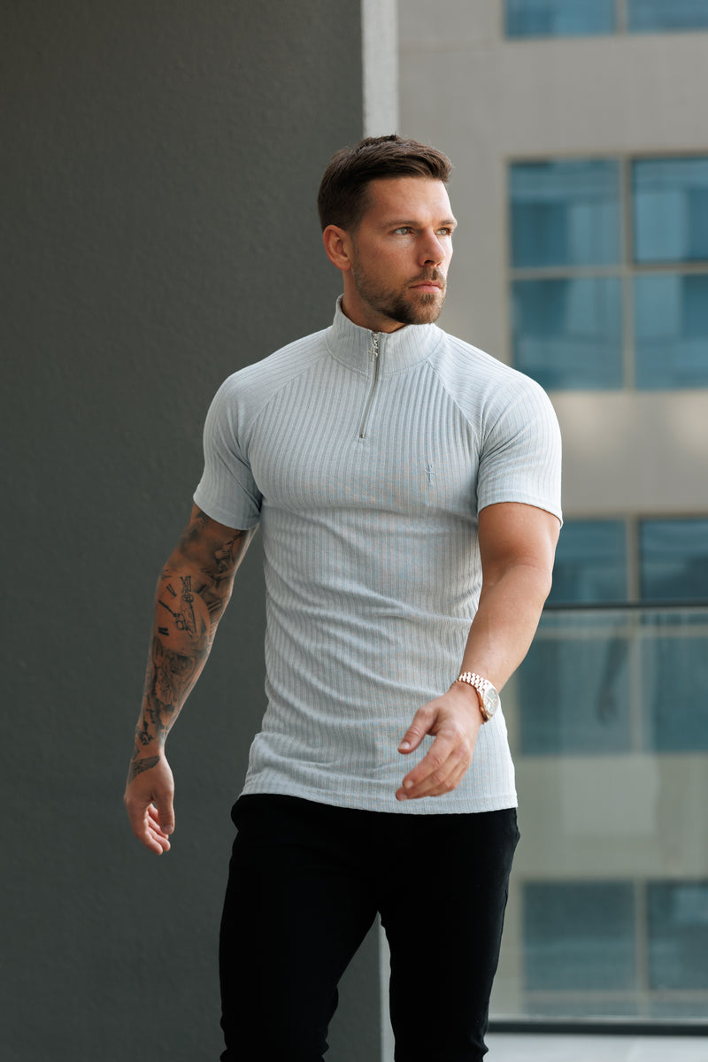 Father Sons Classic Light Grey Ribbed Zip Funnel Neck Raglan Short Sleeve Crew - FSH1287