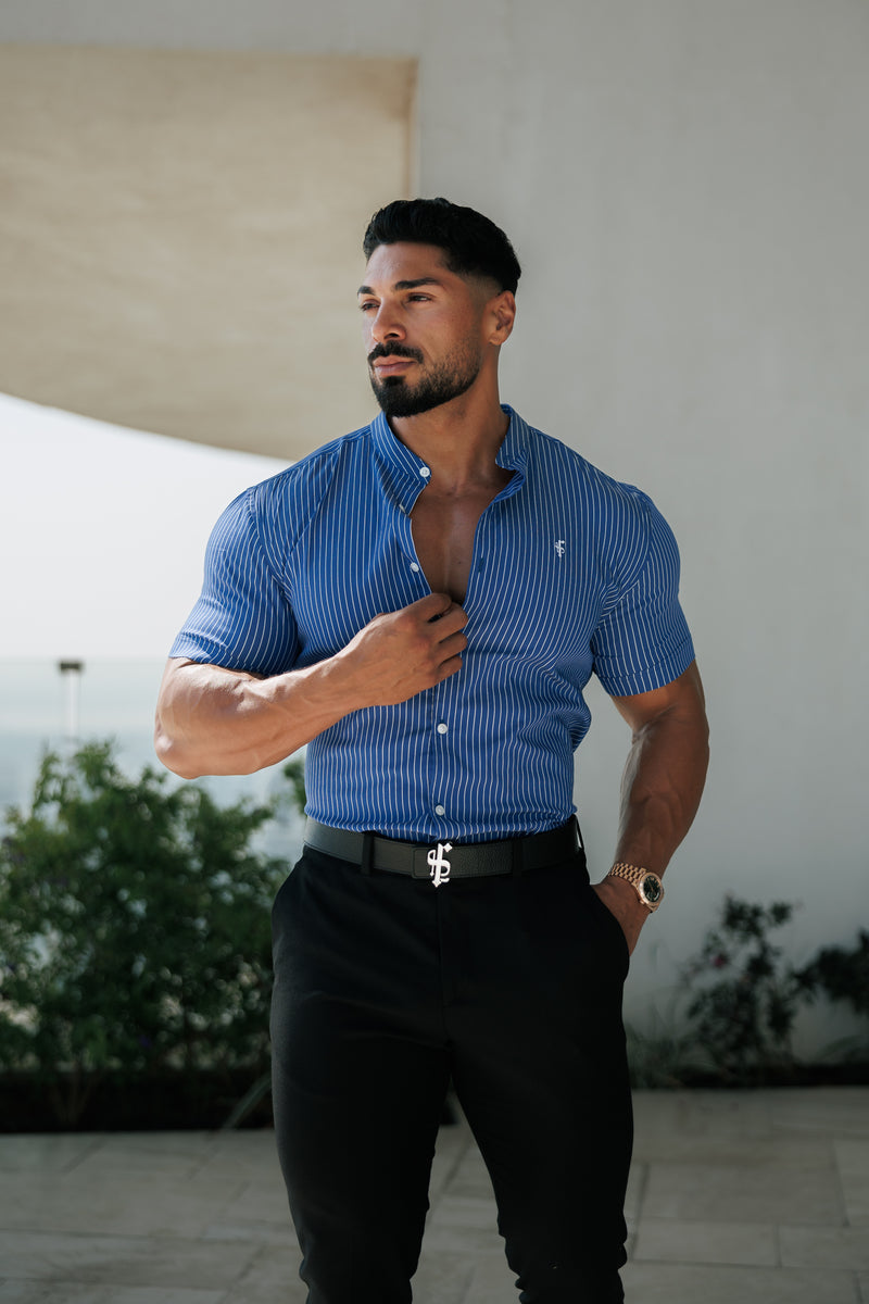 Father Sons Super Slim Stretch Ocean Blue Printed Pinstripe Short Sleeve with Grandad Collar - FS1064