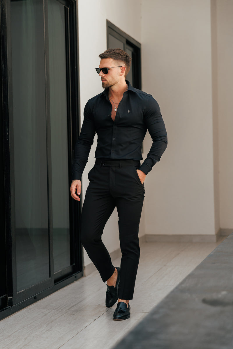 FS Super Slim Stretch Black Denim Long Sleeve with Gunmetal Metal Decal and Cutaway Collar - FS1169