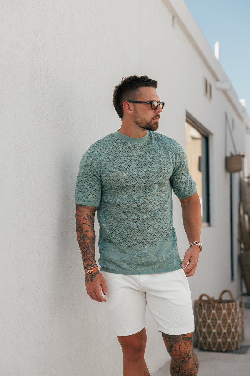 Father Sons Crochet Crew T-Shirt Light Green Short Sleeve - FSJ091