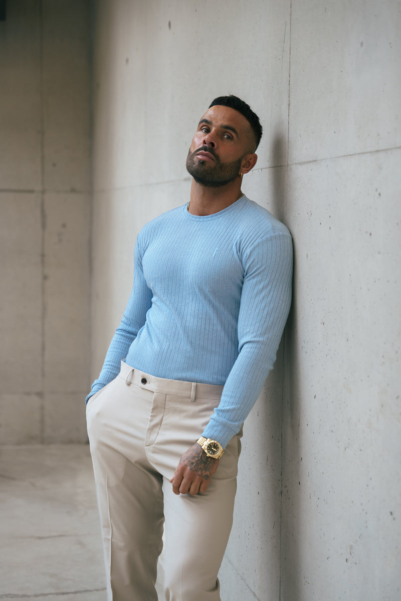 Father Sons Classic Light Blue Ribbed Knit Jumper With Tonal Embroidery - FSH1286