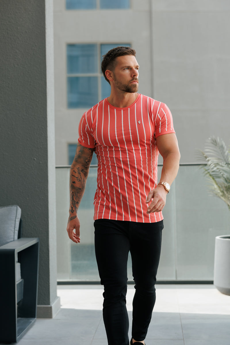 Father Sons Printed Coral / White Stripe Fitted T Shirt - FSH1171