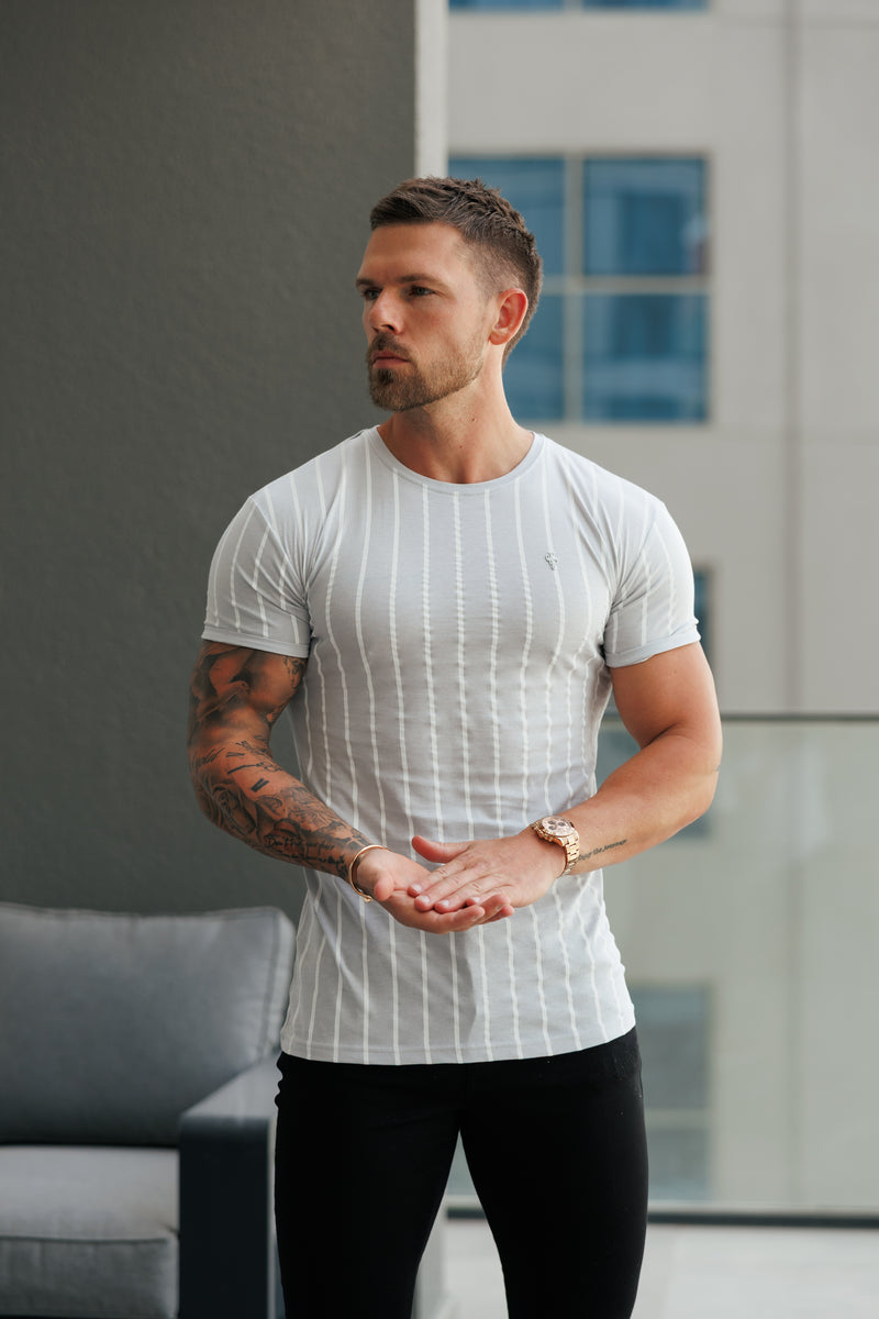 Father Sons Printed Light Grey / White Stripe Fitted T Shirt - FSH1172
