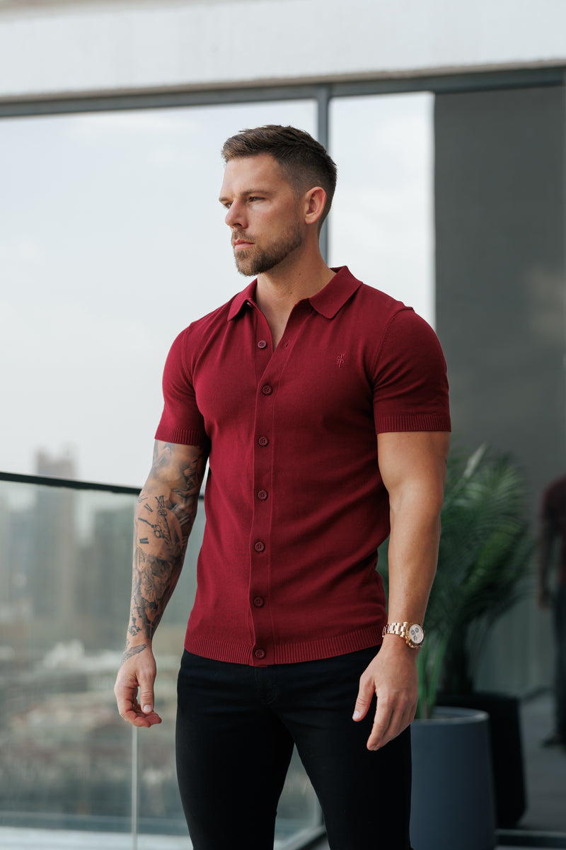 Father Sons Classic Plain Burgundy Knitted Button Through Polo Short Sleeve - FSN217