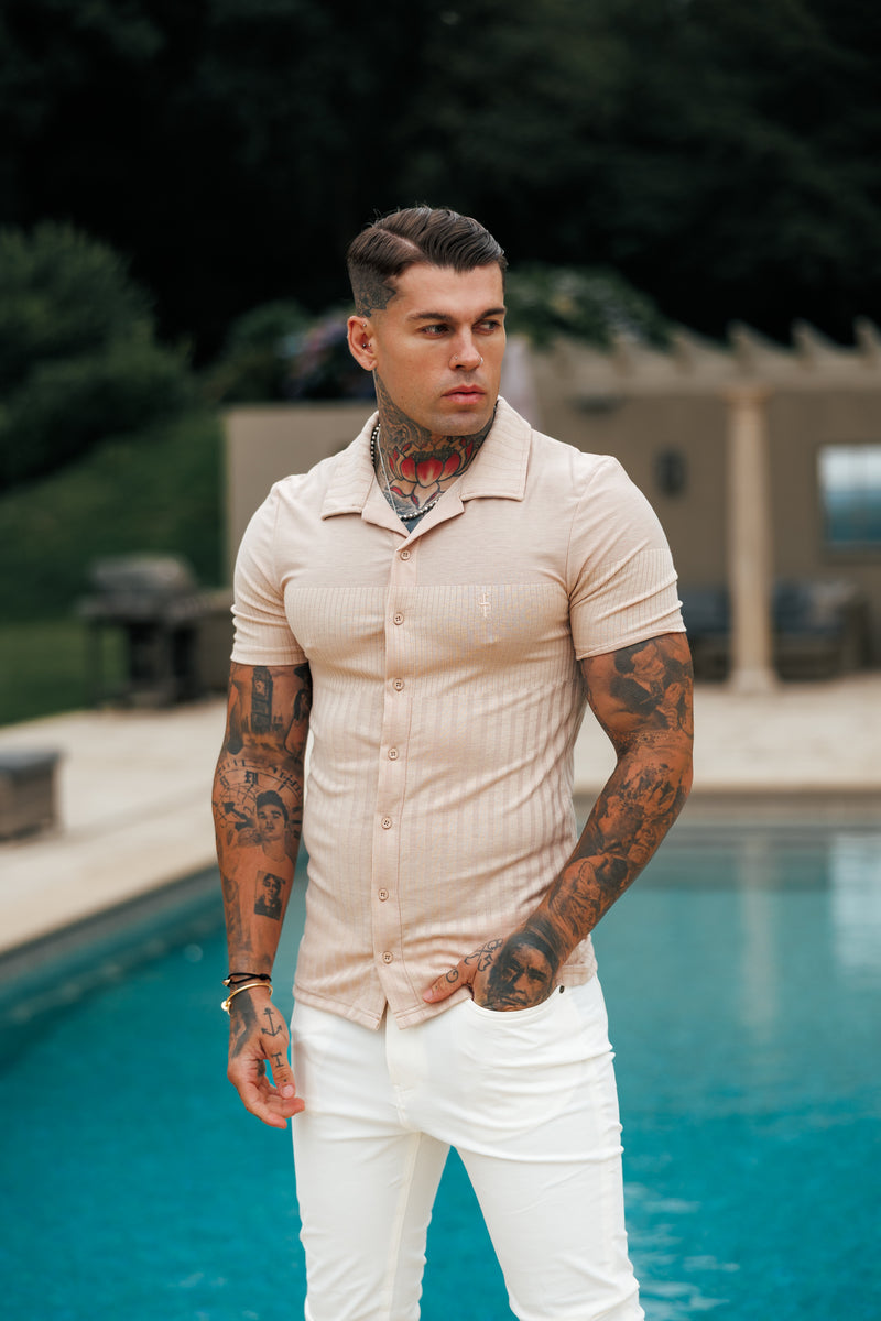 Father Sons Jersey Revere Vertical Stripe Beige Shirt Short Sleeve - FSR026