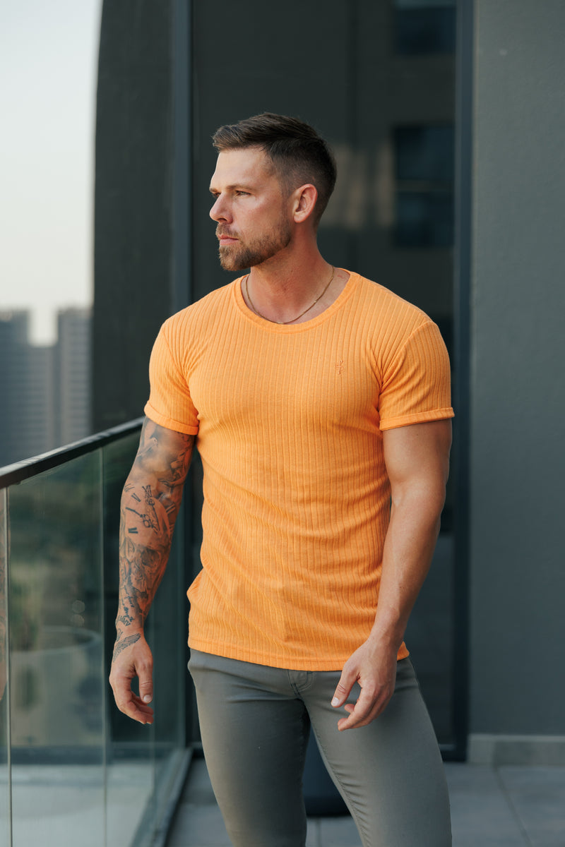 Father Sons Classic Orange Ribbed Knit Super Slim Short Sleeve Crew - FSH1163