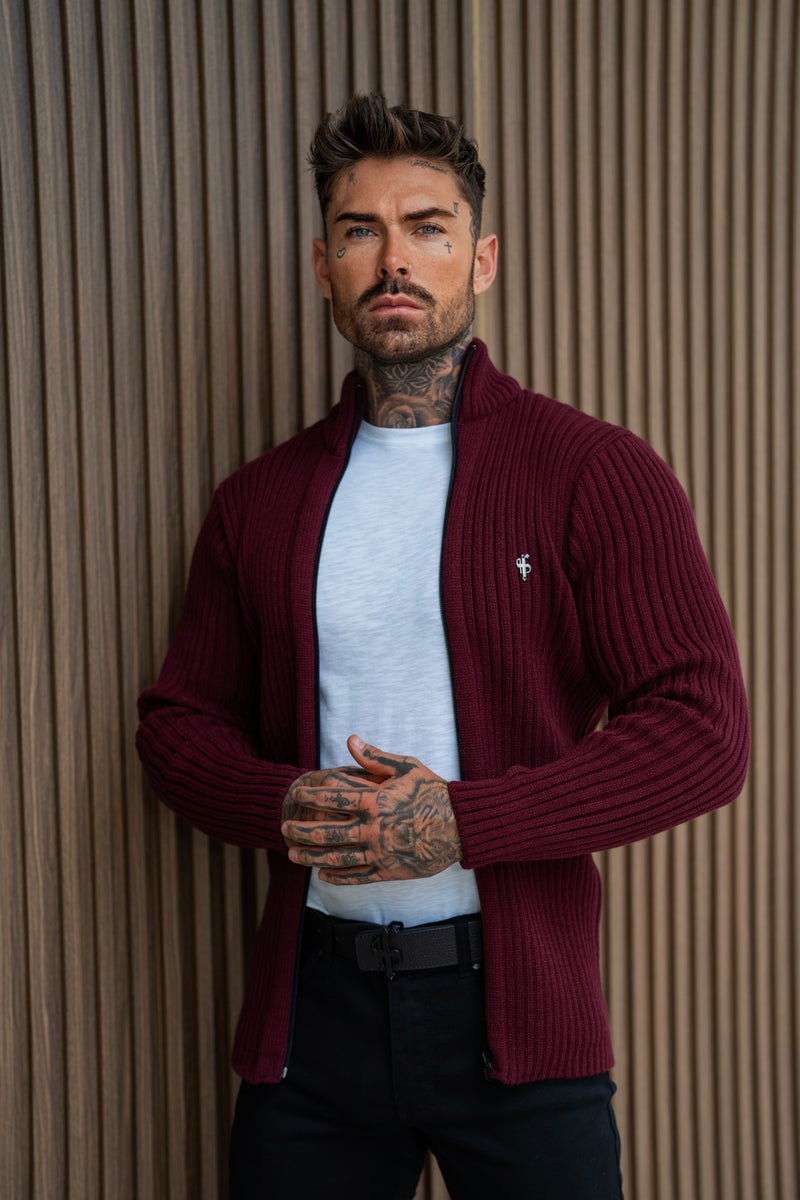 Father Sons Chunky Burgundy Ribbed Zipped Cardigan - FSJ071