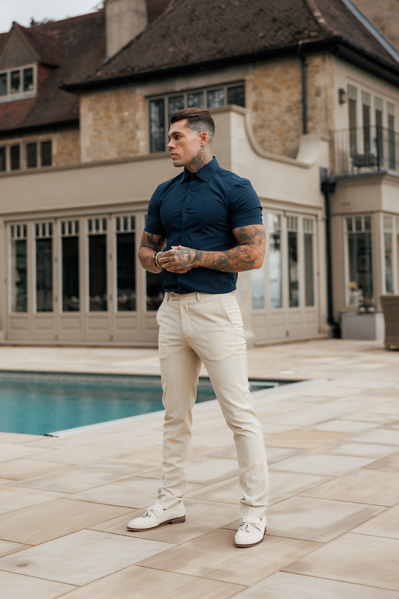 Father Sons Muscle Fit Advanced Stretch Navy Short Sleeve with Cutaway Collar - FS1163