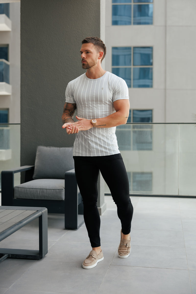 Father Sons Printed Light Grey / White Stripe Fitted T Shirt - FSH1172