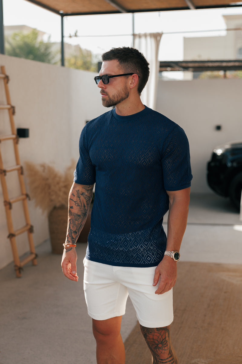 Father Sons Crochet Crew T-Shirt Caribbean Blue Short Sleeve - FSJ092