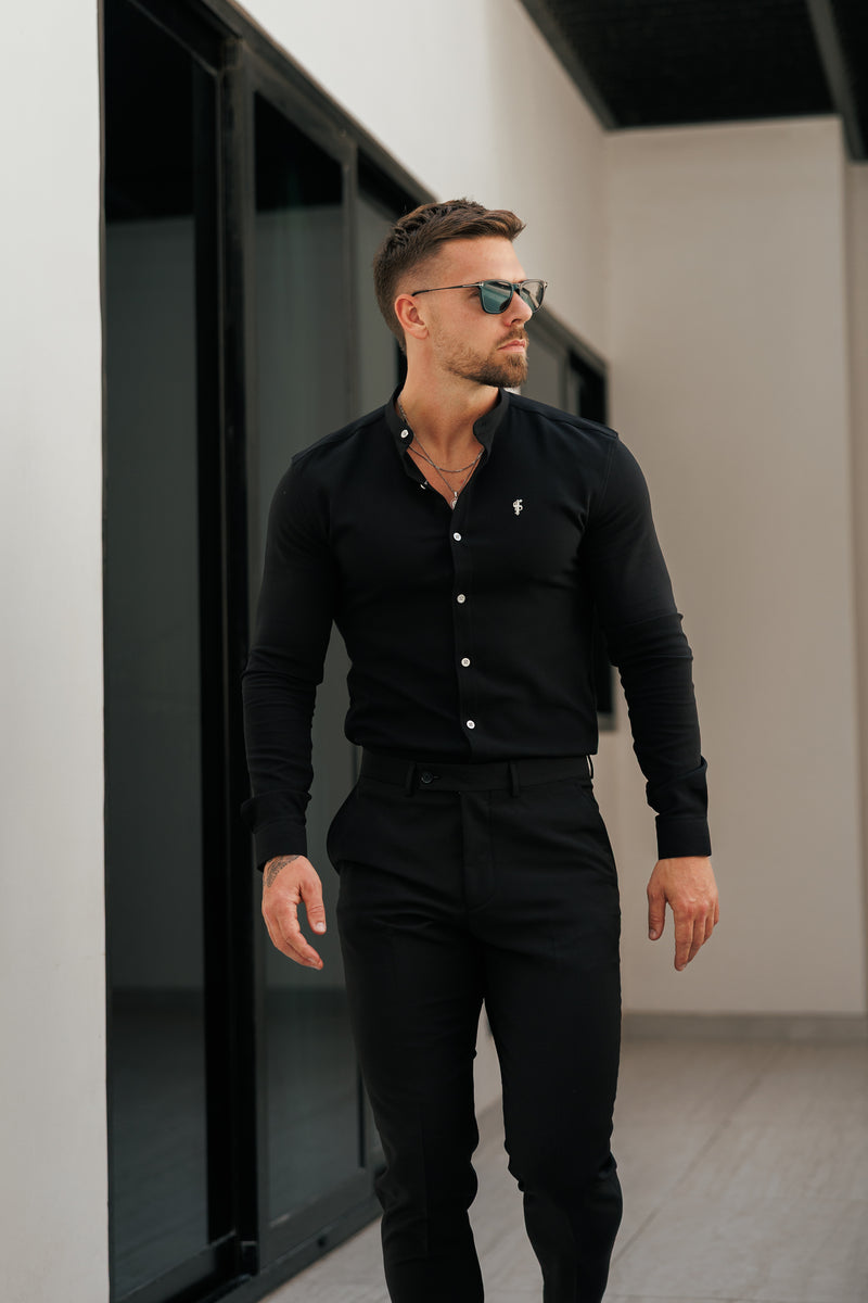 Father Sons Super Slim Scuba Black / Silver Long Sleeve Stretch with Grandad Collar - FS1191