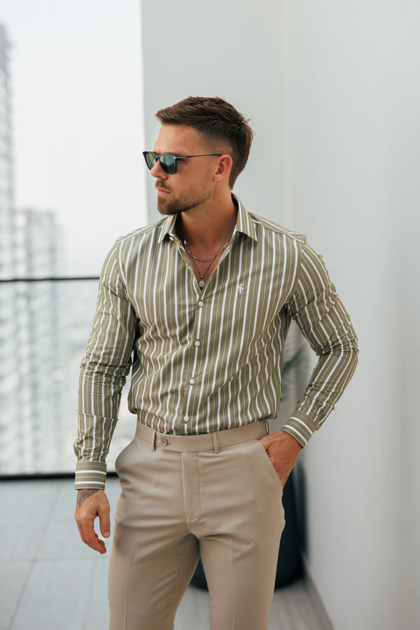 Father Sons Classic Sage Green / White Stripe Long Sleeve with Cutaway Collar - FS1176