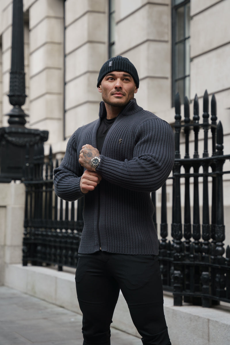 Father Sons Chunky Gunmetal Ribbed Zipped Cardigan - FSJ072  (PRE ORDER 28TH FEBRUARY)