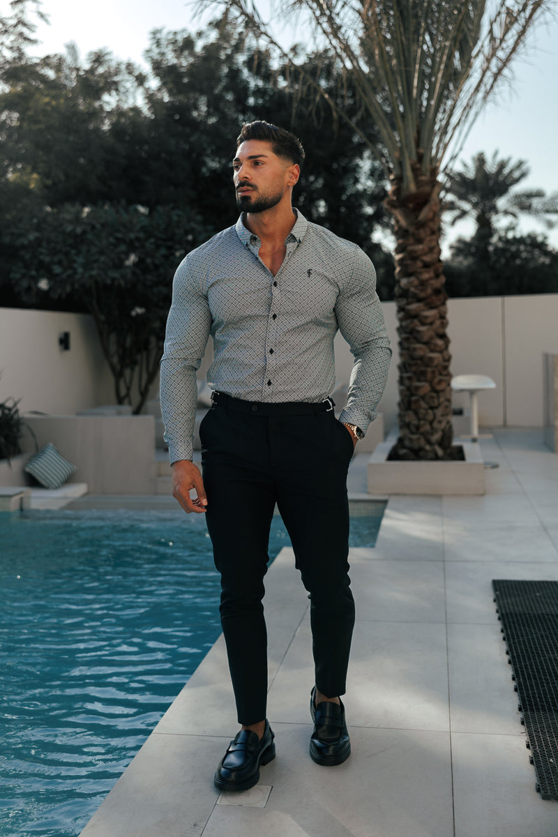 Father Sons Super Slim Stretch Black / White Diamond Print Long Sleeve with Button Down Collar - FS1226