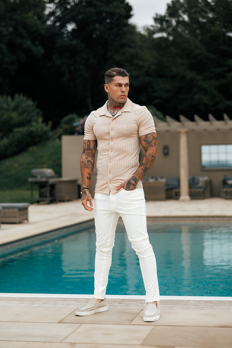 Father Sons Jersey Revere Vertical Stripe Beige Shirt Short Sleeve - FSR026