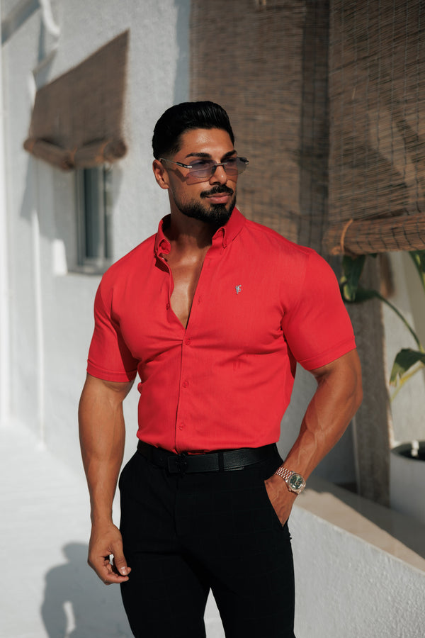 FS Super Slim Stretch Postbox Red Denim Short Sleeve with Button Down Collar - FS1135