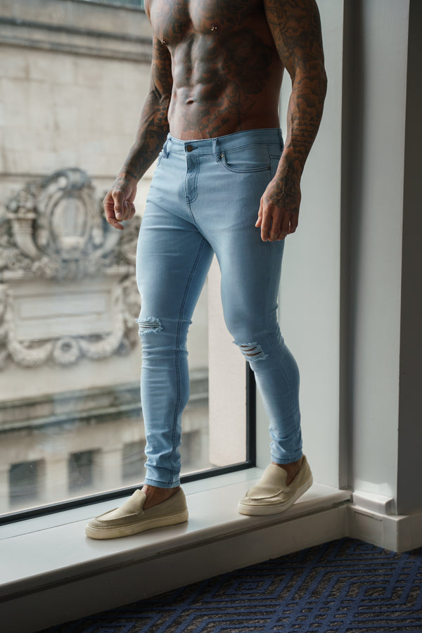 Father Sons Ultra Stretch Mid Blue Slim Jeans Bleached with Knee Rips - FSJEAN012