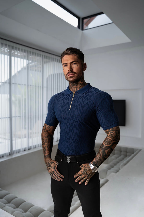 Father Sons Classic Jacquard Navy Chevron Zipped Polo - FSR021