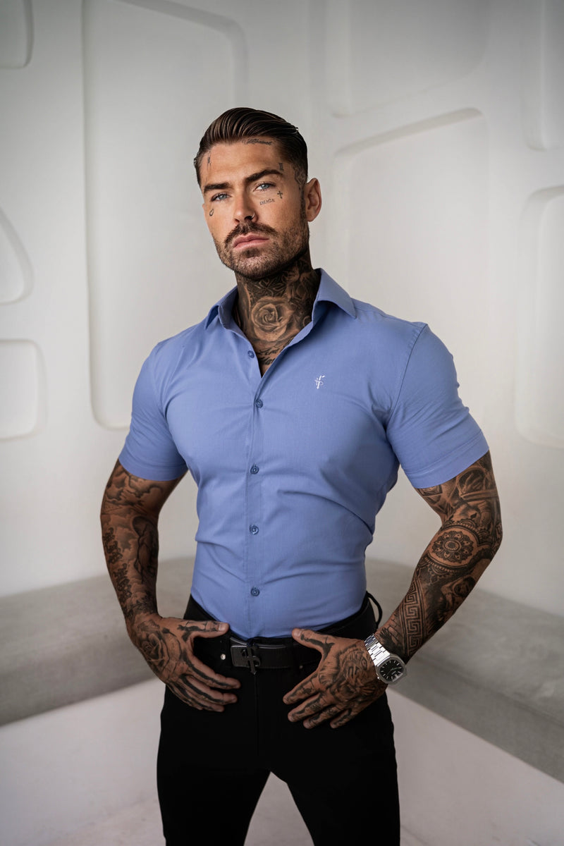 Father Sons Muscle Fit Advanced Stretch Mid Blue Short Sleeve with Cutaway Collar - FS1203