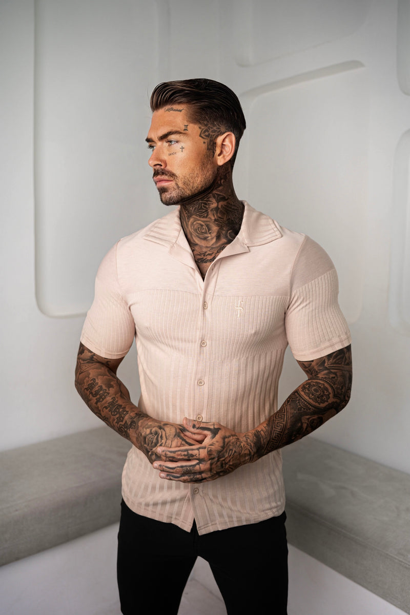 Father Sons Jersey Revere Vertical Stripe Beige Shirt Short Sleeve - FSR026
