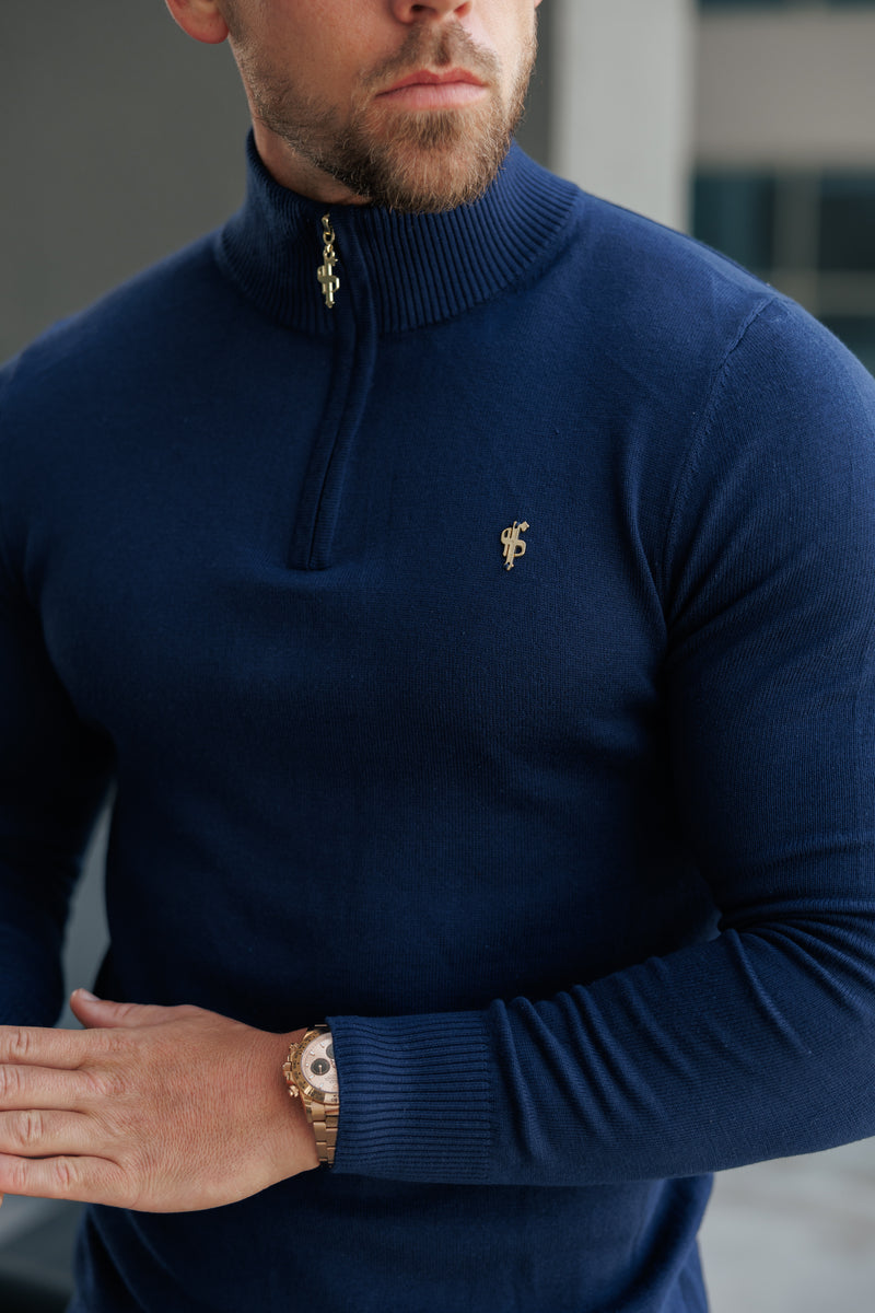 FS Navy Funnel Neck Knitted Jumper With FS Branding - FSN191