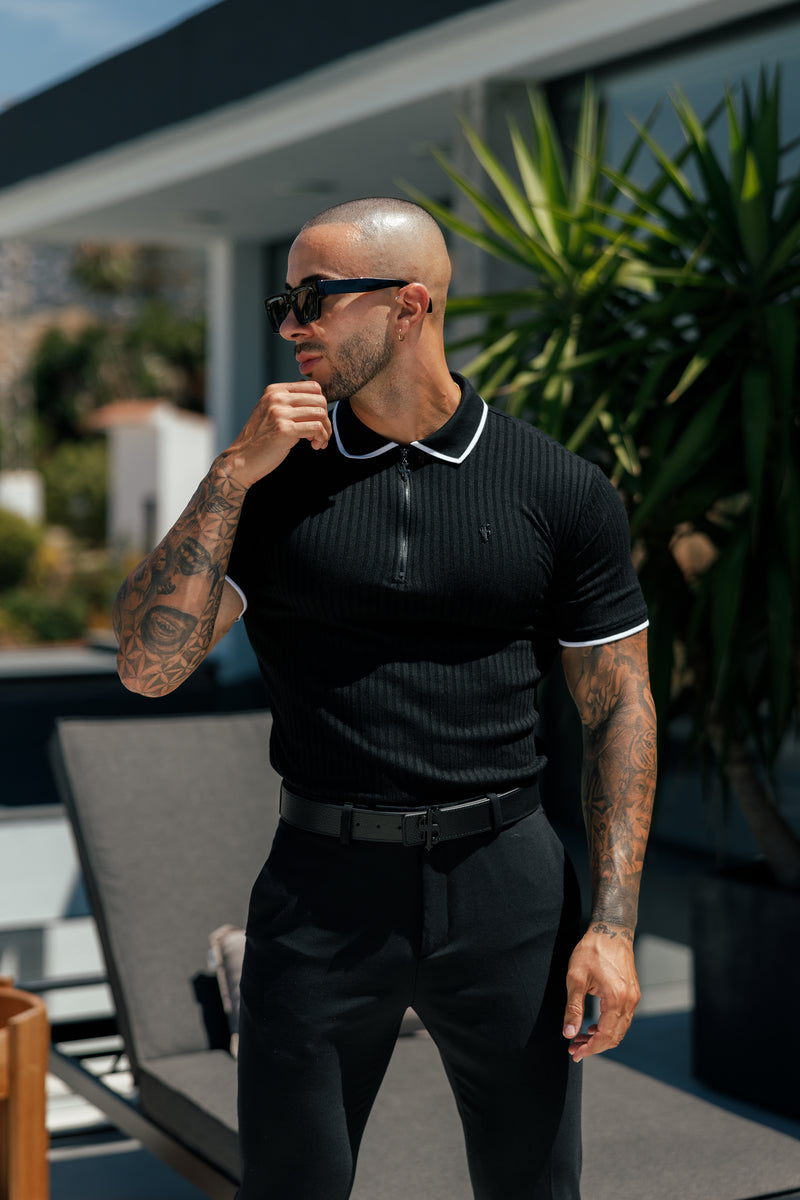 FS Classic Black Ribbed Zip Polo with Contrast Short Sleeve - FSH1103