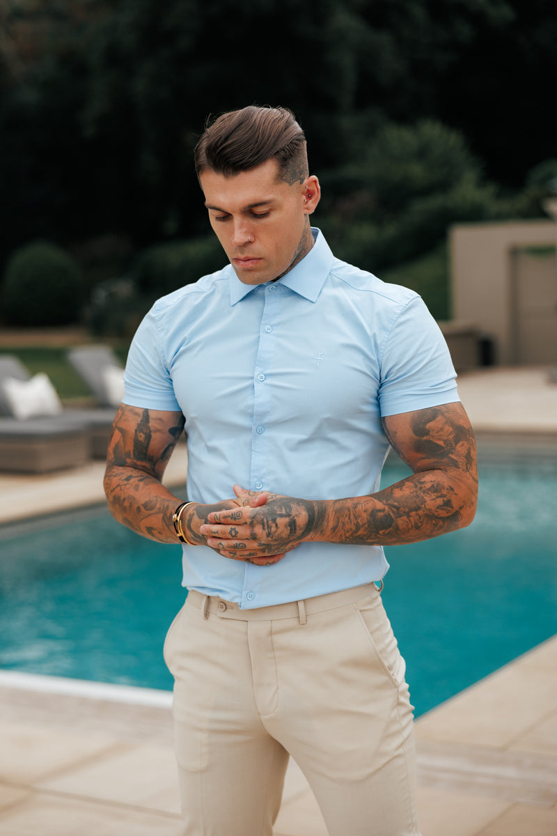Father Sons Muscle Fit Advanced Stretch Powder Blue Short Sleeve with Cutaway Collar  - FS1162