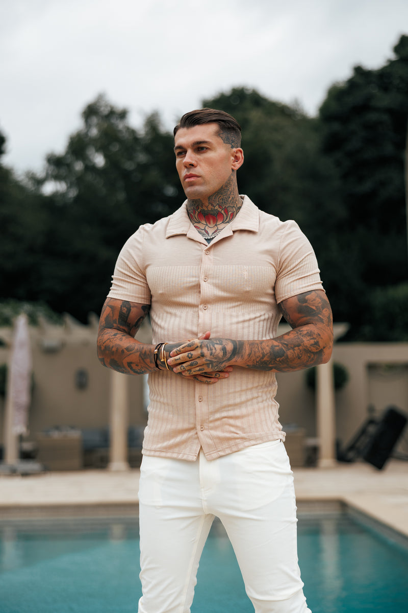 Father Sons Jersey Revere Vertical Stripe Beige Shirt Short Sleeve - FSR026