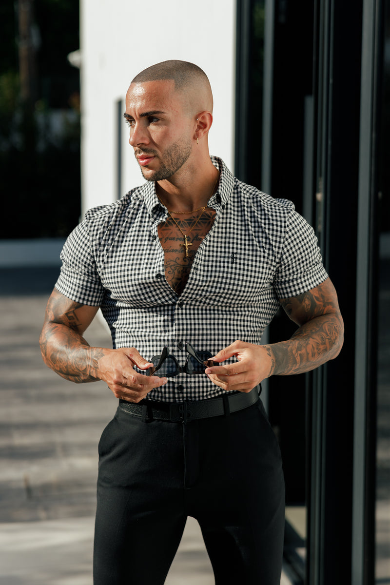 FS Super Slim Stretch White / Black Check Short Sleeve with Button Down Collar - FS1070