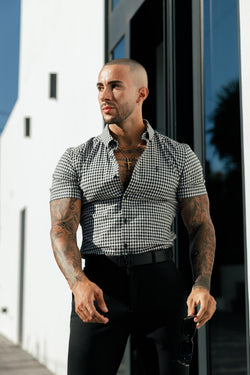 FS Super Slim Stretch White / Black Check Short Sleeve with Button Down Collar - FS1070