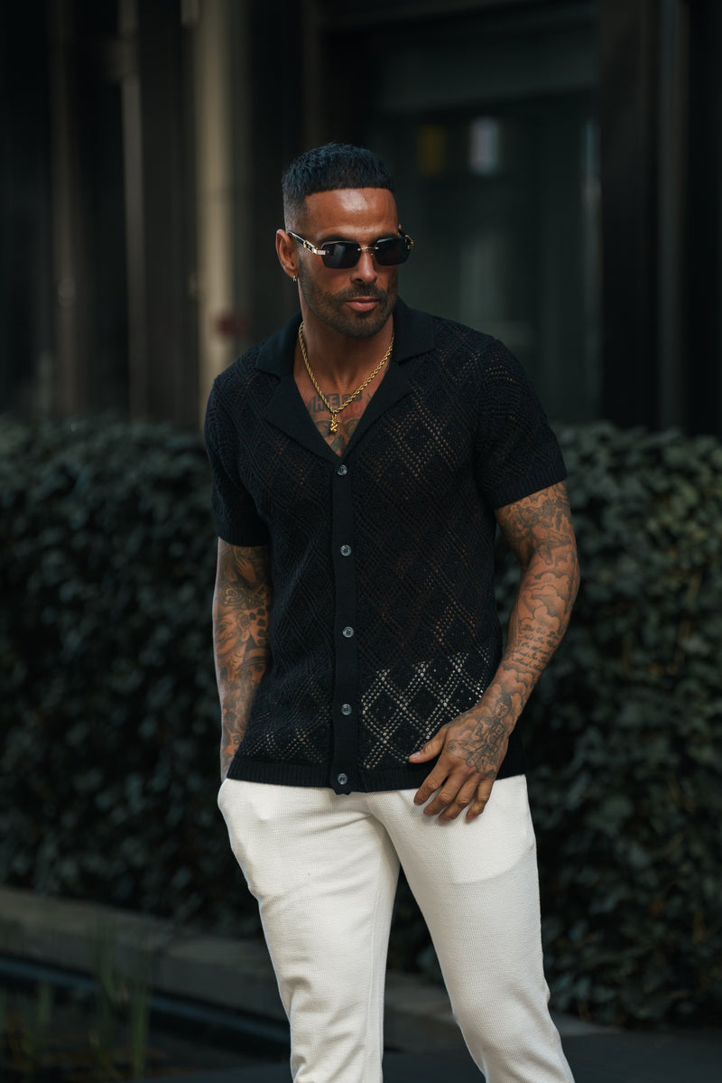 Father Sons Crochet Shirt Black Short Sleeve - FSJ074 (PRE ORDER 29TH MARCH)