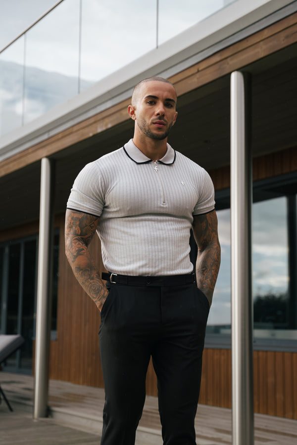 FS Classic Grey Ribbed Zip Polo with Contrast Short Sleeve - FSH1108