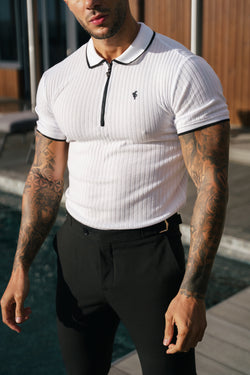 FS Classic White Ribbed Zip Polo with Contrast Short Sleeve - FSH1102