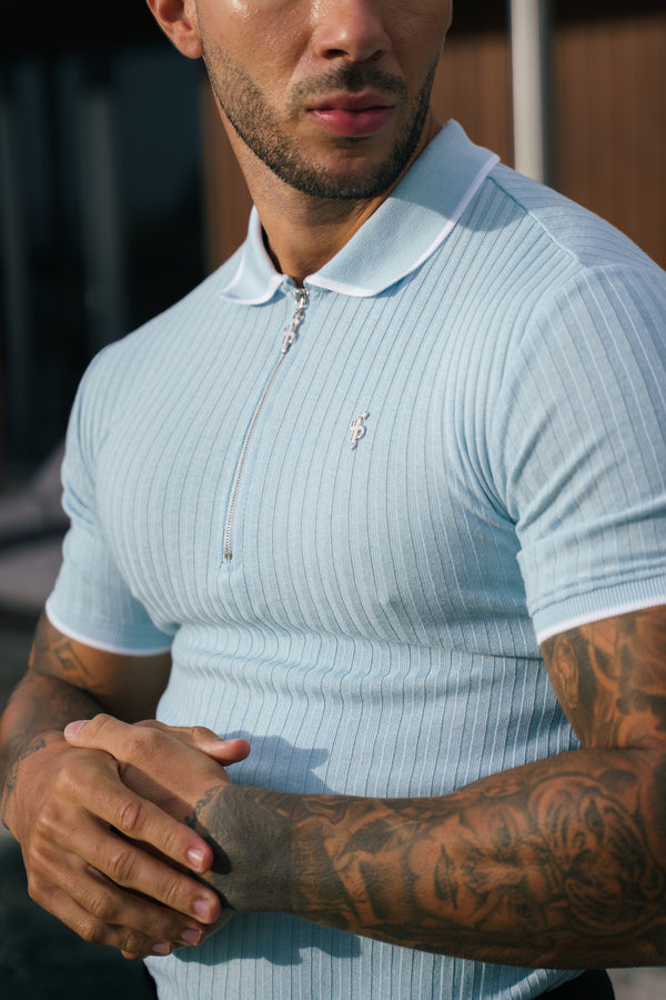 FS Classic Powder Blue Ribbed Zip Polo with Contrast Short Sleeve - FSH1106