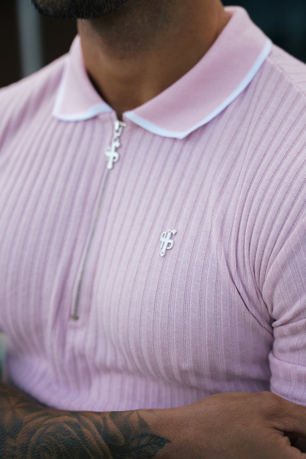 FS Classic Powder Pink Ribbed Zip Polo with Contrast Short Sleeve - FSH1105