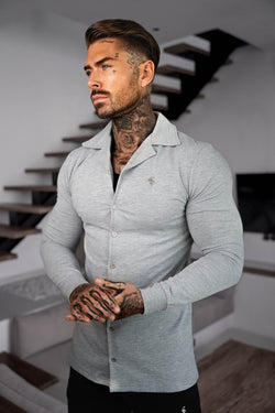 Father Sons Stretch Light Grey Pique Revere Shirt Long Sleeve - FSH1353