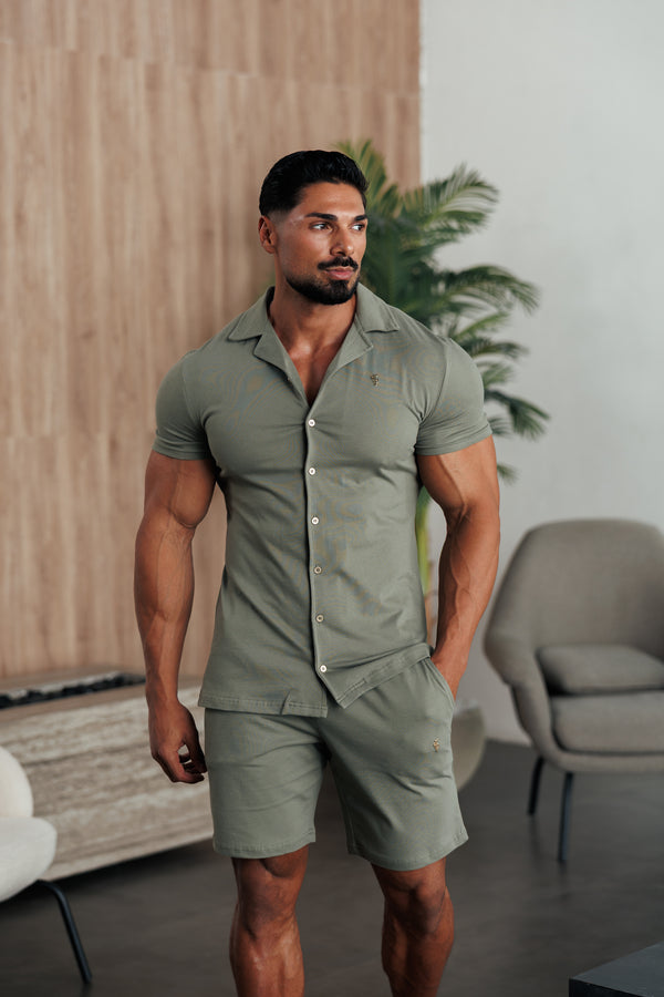 Father Sons Stretch Olive / Gold Pique Revere Shirt Short Sleeve - FSH1387