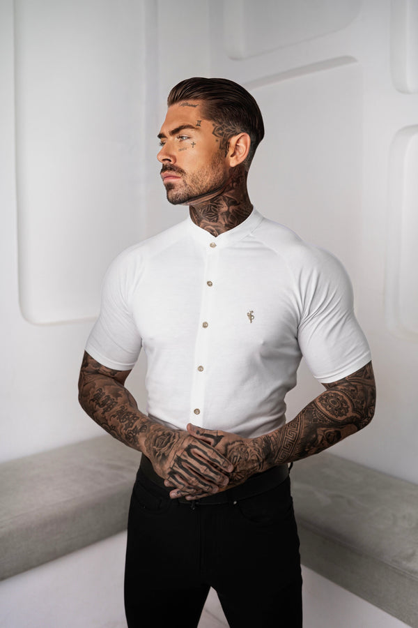 FS Slim Bamboo Raglan Grandad Collar White Short Sleeve - FSH1166