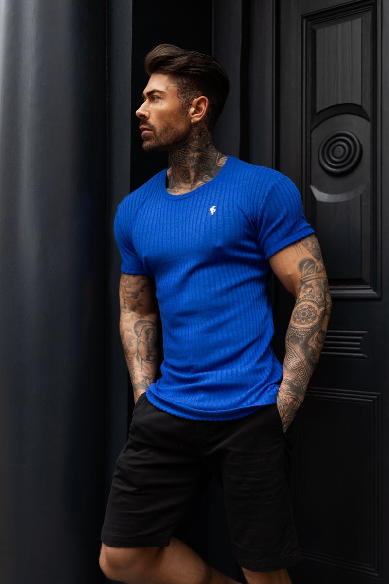 Father Sons Classic Royal Blue / Silver Ribbed Knit Super Slim Short Sleeve Crew - FSH1091