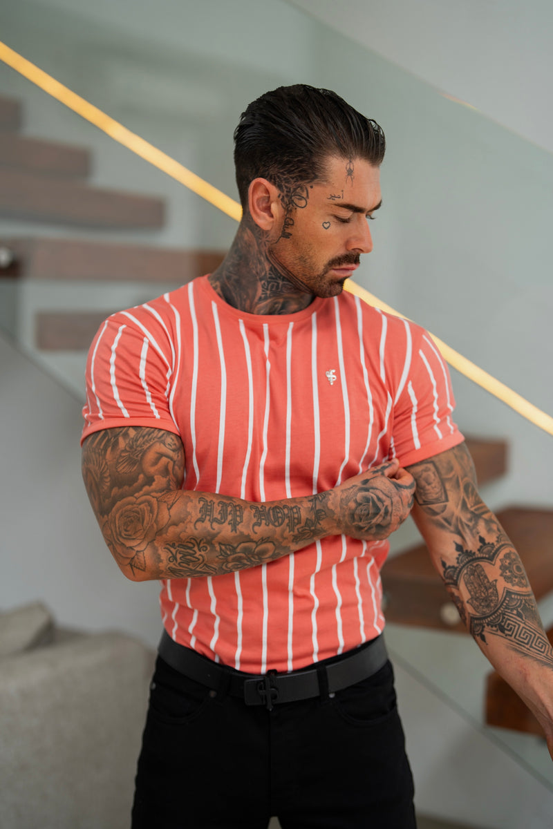 Father Sons Printed Coral / White Stripe Fitted T Shirt - FSH1171