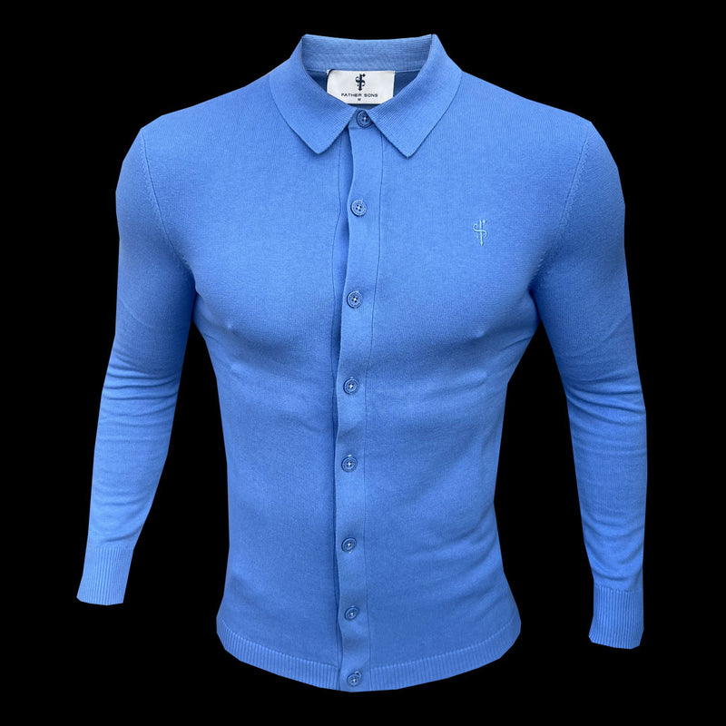 Father Sons Classic Plain Light Blue Knitted Button Through Polo Long Sleeve - FSN169