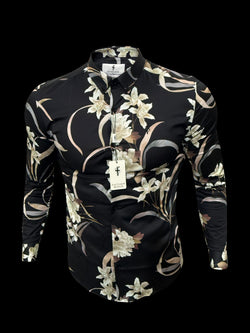 Classic Stretch LS Black Oriental Print Button Down Collar - FS1156