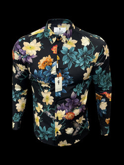 Classic Stretch LS Black Vibrant Floral Print Button Down Collar - FS1154