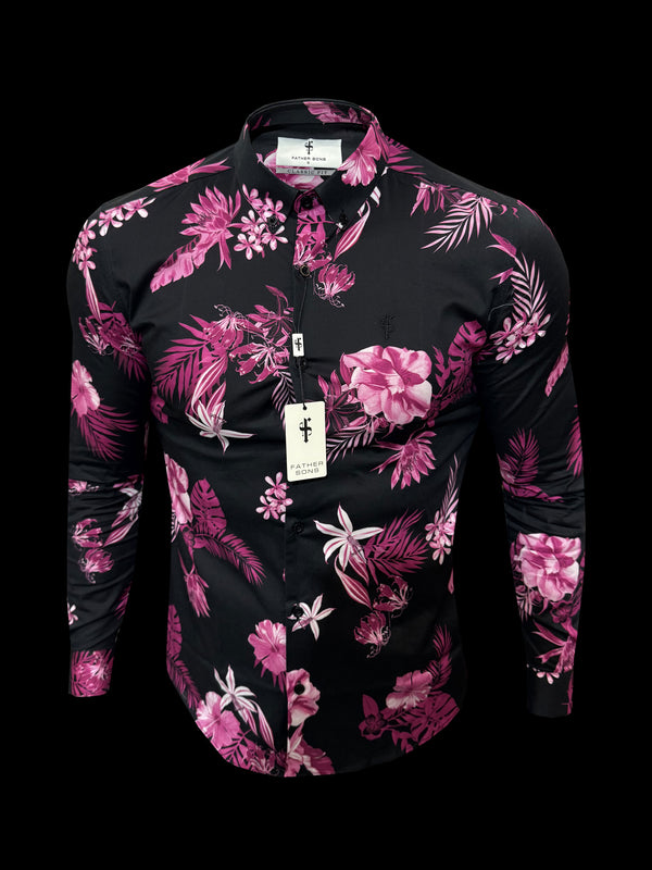 Classic Stretch LS Black / Bright Pink Floral Print Button Down Collar - FS1153