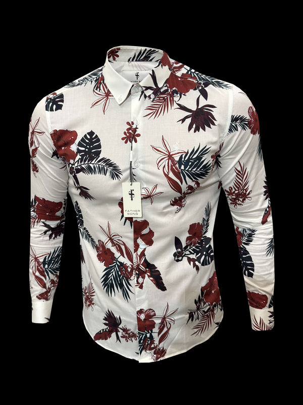 Classic Stretch LS White / Rust Floral Print Button Down Collar - FS1155