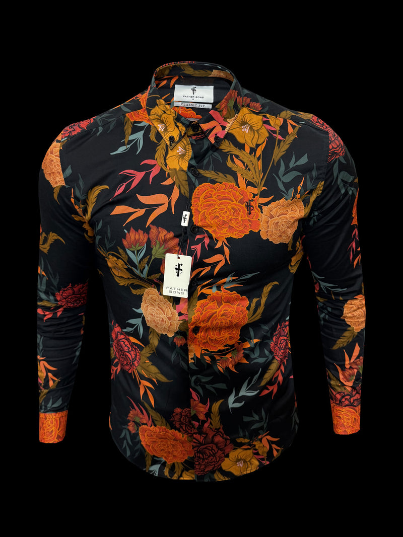 Classic Stretch LS Black/ Orange Oriental Print Button Down Collar - FS1102